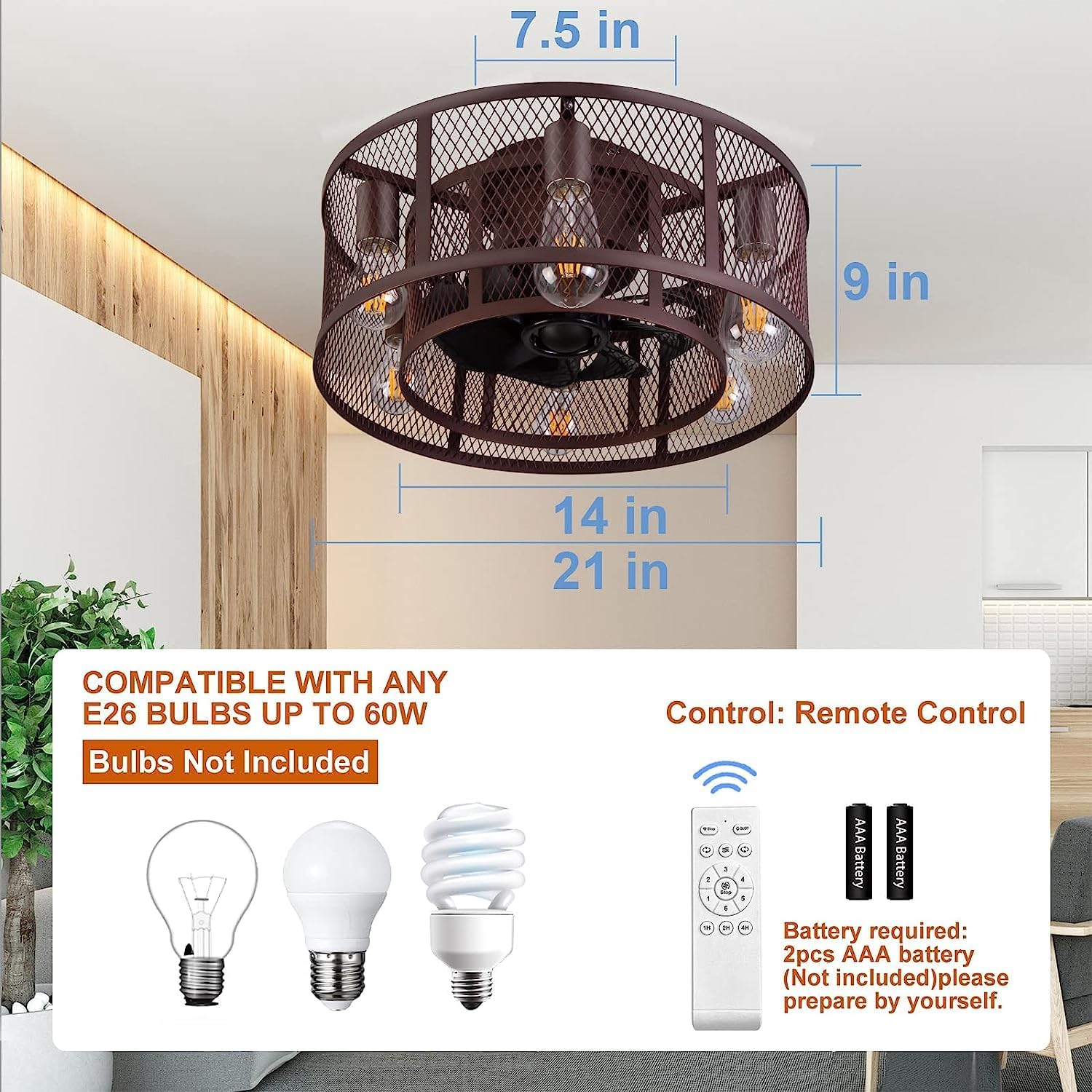 21 Inch Farmhouse Low Profile Ceiling Fan with Light Remote Control, Flush Mount Bladeless Ceiling Fan Lighting Fixture for Bedroom Living Room Kitchen Brown