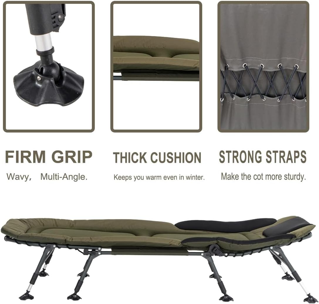 Camping Cots for Adults 330Lbs with Carry Bag, Heavy Duty Folding Bed with Soft Padded Cushion, Portable Military Cot for Hunting, 180° Adjustable Reclining Outdoor Lounger