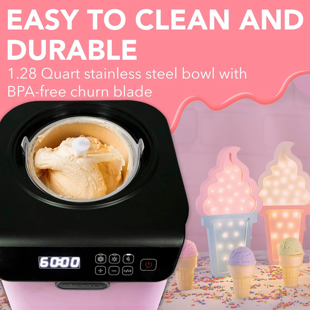 Automatic Ice Cream Maker 1.6 Quart Capacity Stainless Steel, with Built-in Compressor, no pre-Freezing, LCD Digital Display, Timer, One Size, Black