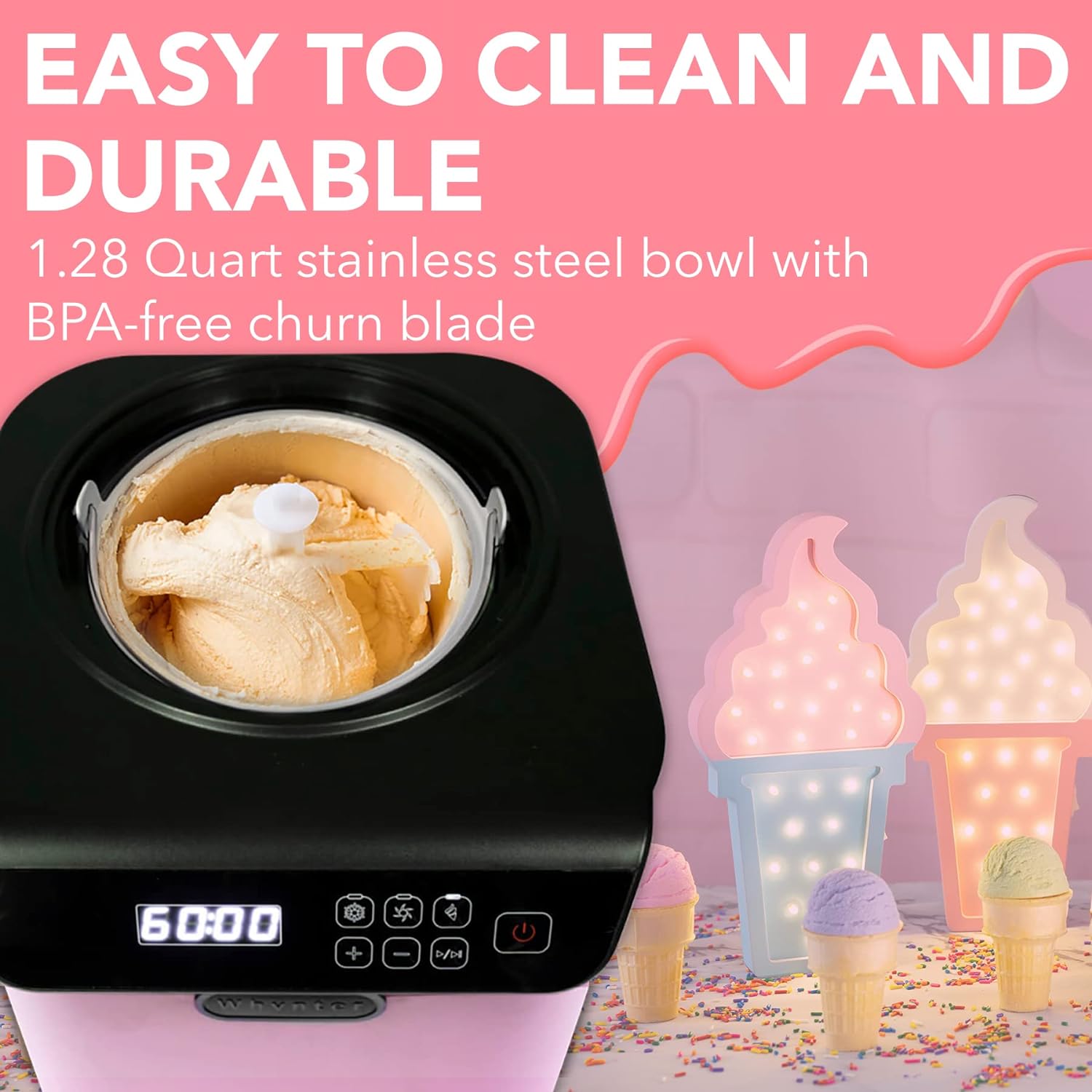 Automatic Ice Cream Maker 1.6 Quart Capacity Stainless Steel, with Built-in Compressor, no pre-Freezing, LCD Digital Display, Timer, One Size, Black