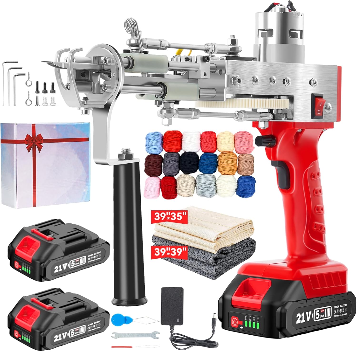 2023-Cordless-Rug-Tufting-Gun-Kit with Carpet Trimmer- Tufting-Gun-Starter-Kit-with 2pcs 4.0Ah Batteries，2 in 1 Cut Loop Pile Tufting Gun with Tufting Shears, Carpet Gun Cloth Yarn（Light Red）