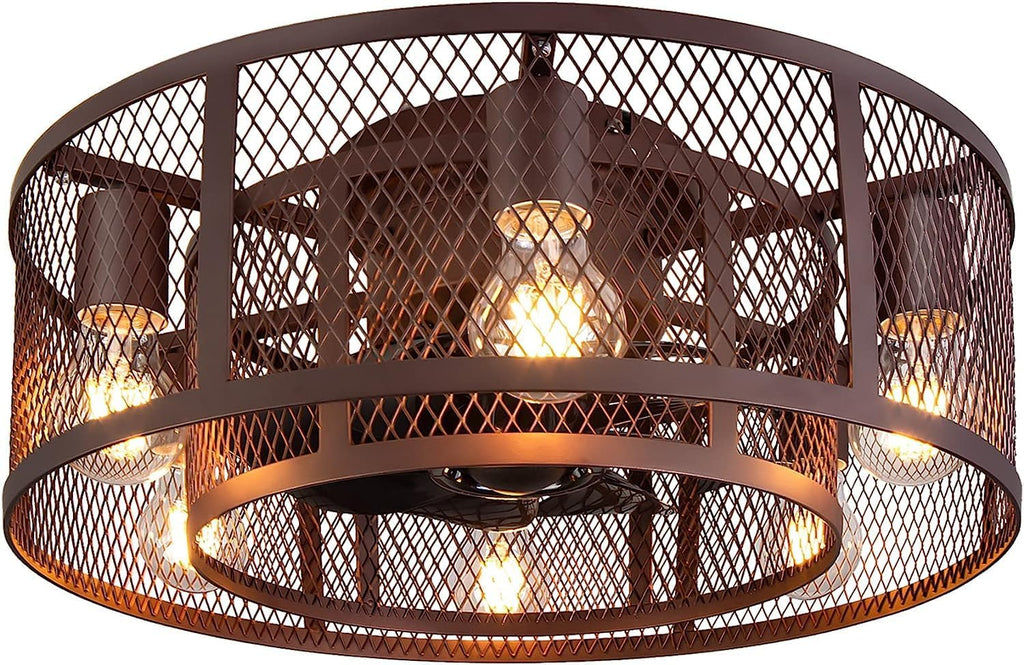 21 Inch Farmhouse Low Profile Ceiling Fan with Light Remote Control, Flush Mount Bladeless Ceiling Fan Lighting Fixture for Bedroom Living Room Kitchen Brown