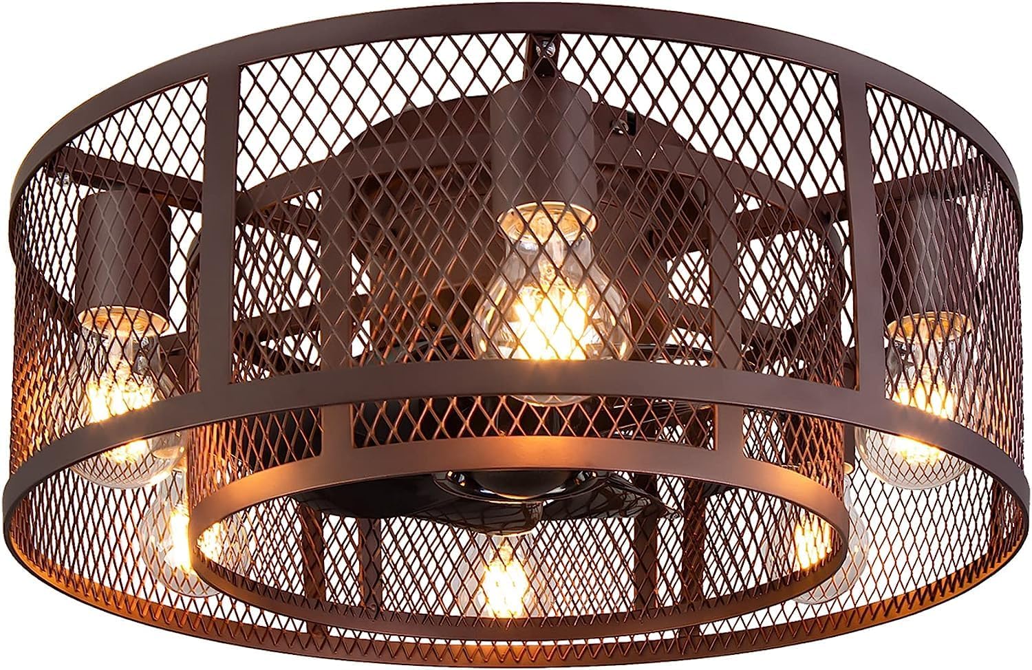 21 Inch Farmhouse Low Profile Ceiling Fan with Light Remote Control, Flush Mount Bladeless Ceiling Fan Lighting Fixture for Bedroom Living Room Kitchen Brown