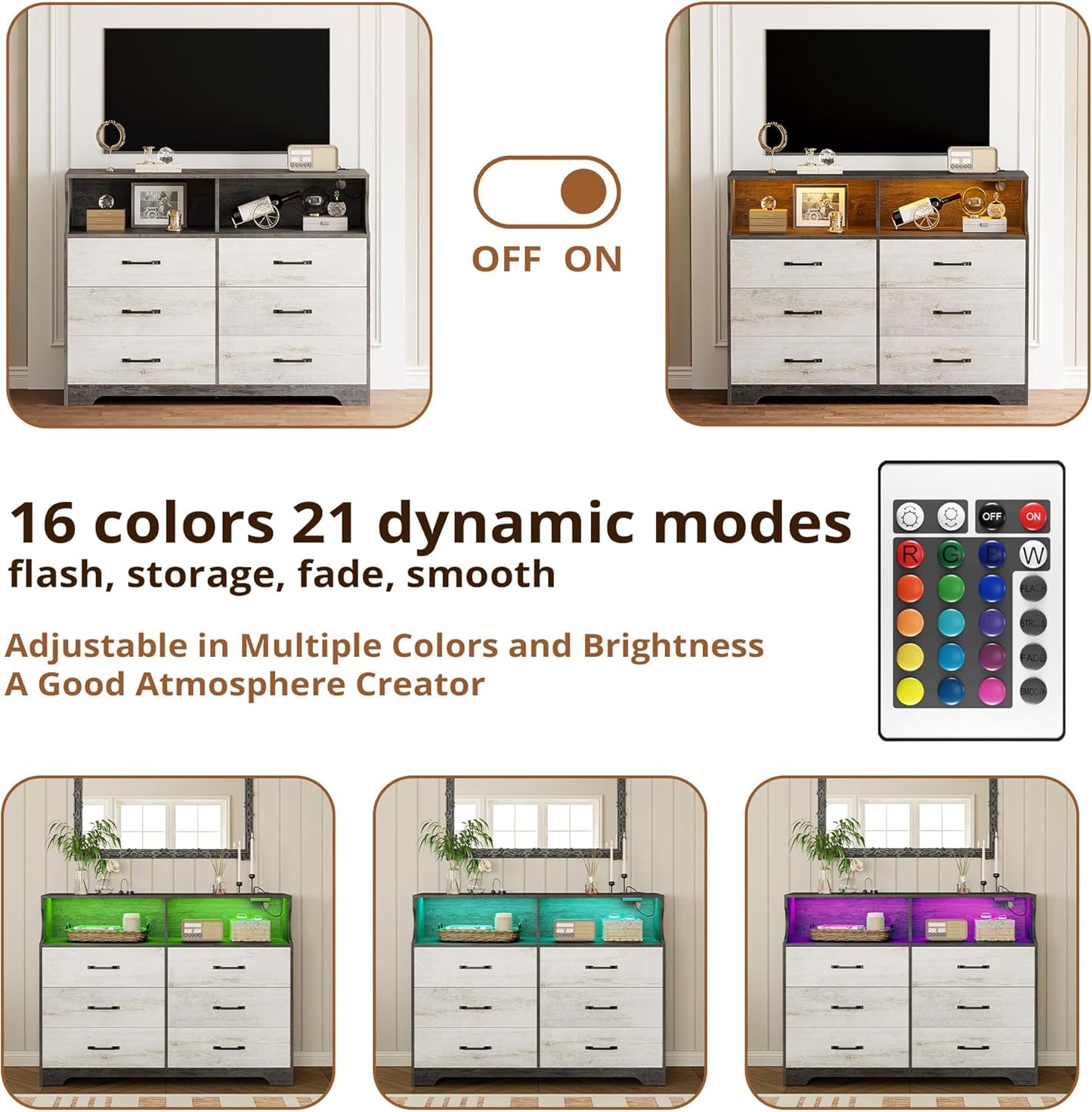 6-Drawer Modern Dresser with LED & USB Charging – Rustic White Wooden Storage Cabinet for Bedroom, Living Room, Hallway