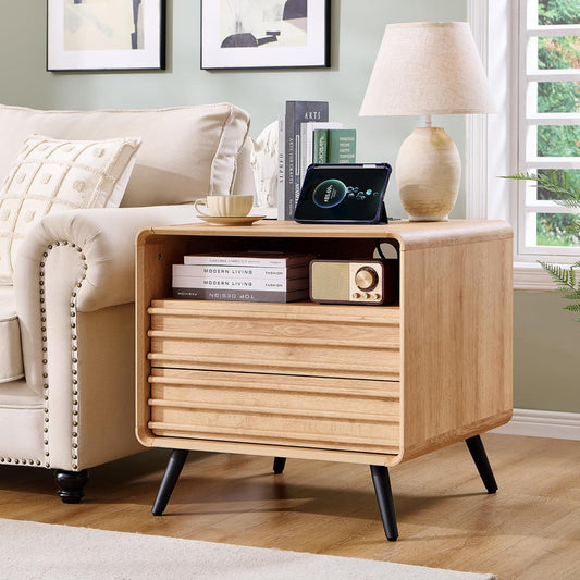 T4TREAM Fluted Nightstand with Charging Station,24" Modern Side Table with 2 Drawers, Mid Century End Table w/Storage, Bedside Table for Bedroom, Living Room, Curved Profile Design, Natural Oak