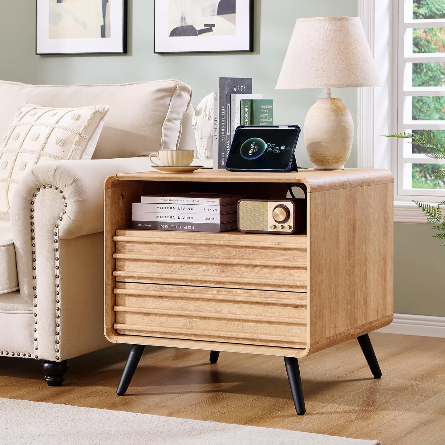 T4TREAM Fluted Nightstand with Charging Station,24" Modern Side Table with 2 Drawers, Mid Century End Table w/Storage, Bedside Table for Bedroom, Living Room, Curved Profile Design, Natural Oak