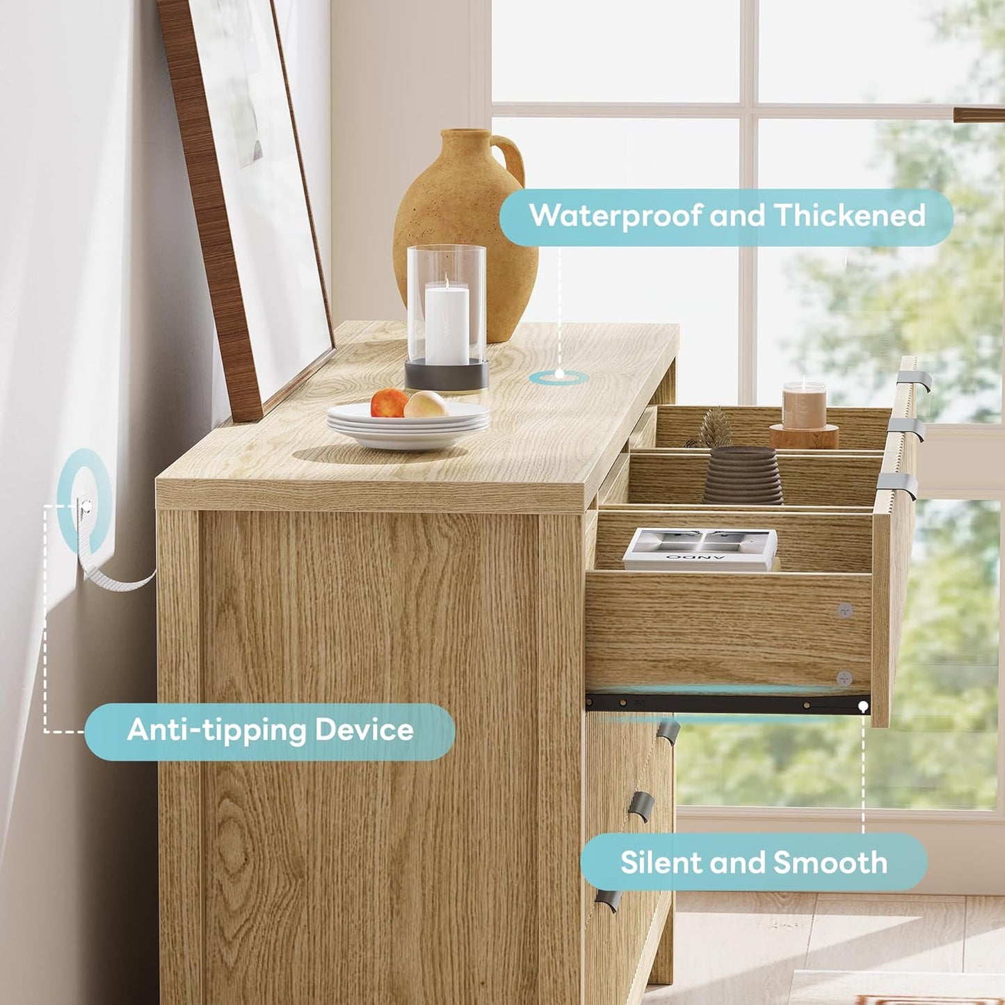 59" 9-Drawer Fluted Dresser – Wooden Storage Chest with Metal Handles for Bedroom, Entryway, or Hallway, Natural Oak