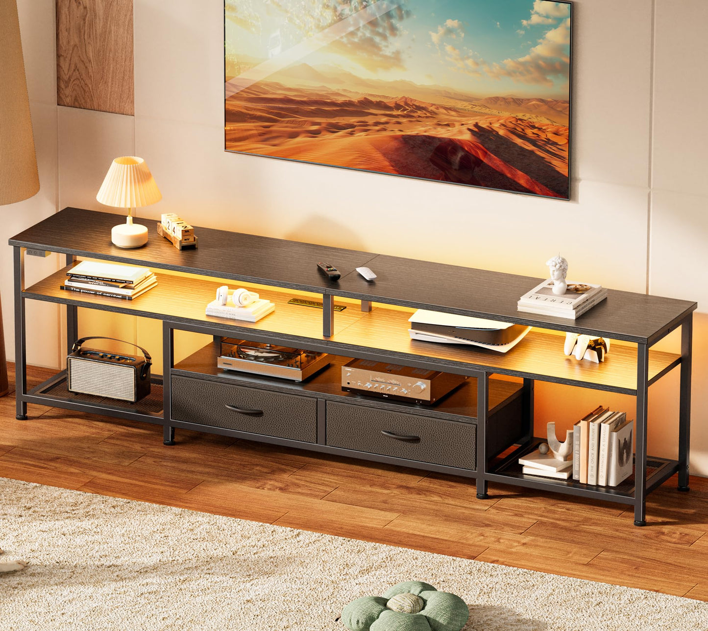 65-70 Inch Modern TV Stand with Drawers, Shelves, LED Lights & Built-In Power Outlets – Media Console for Living Room
