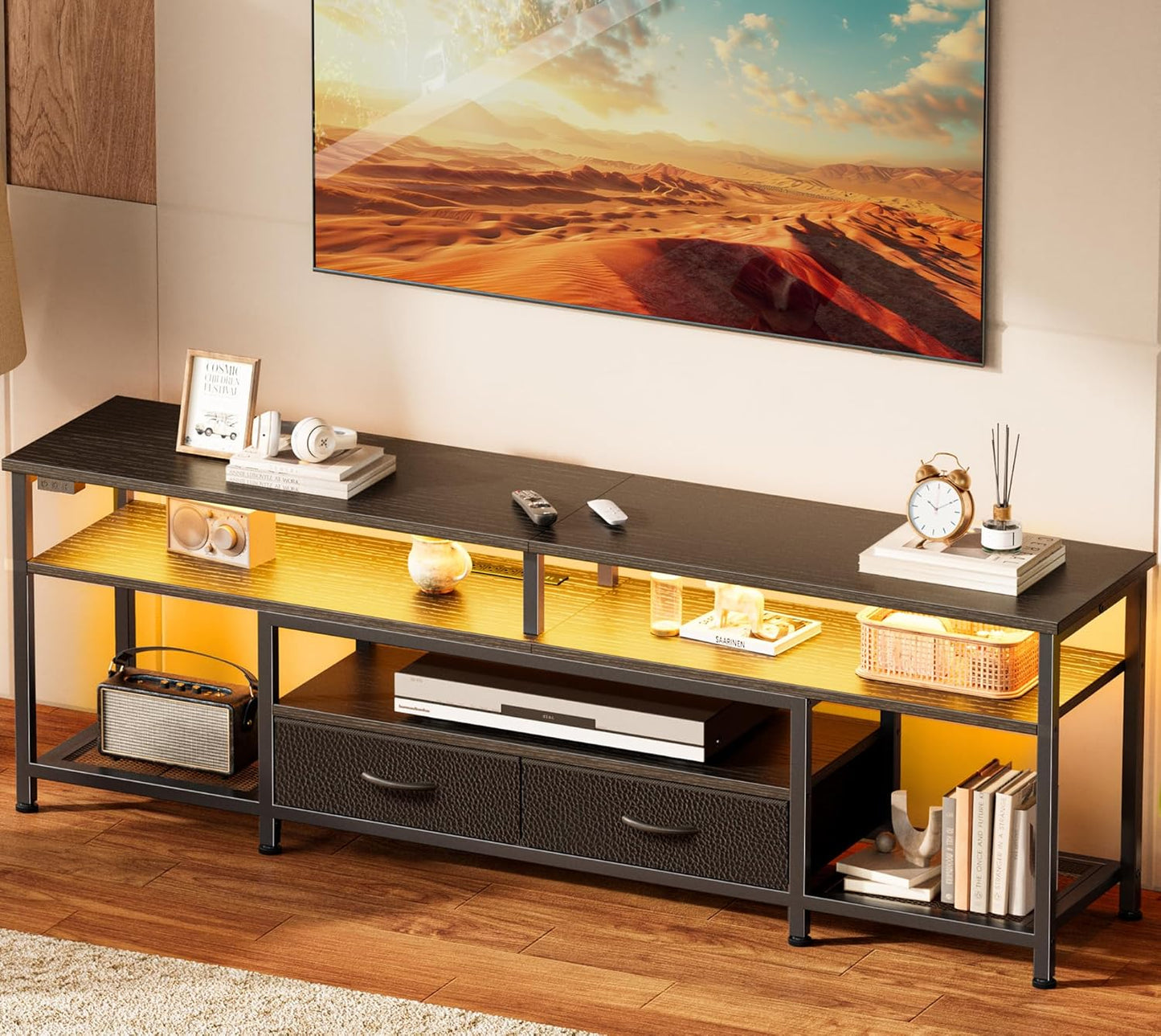 65-70 Inch Modern TV Stand with Drawers, Shelves, LED Lights & Built-In Power Outlets – Media Console for Living Room