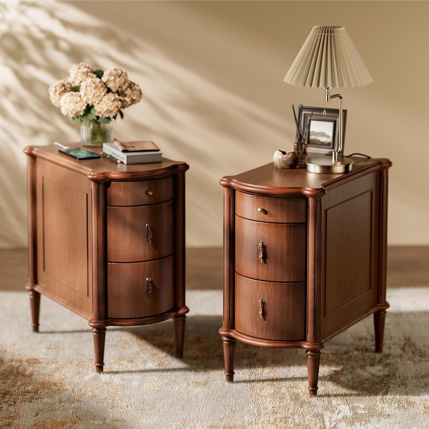 3-Drawer Nightstand Set of 2 with Built-in Charging Station – Vintage-Inspired Side Table, Brown Wood Finish