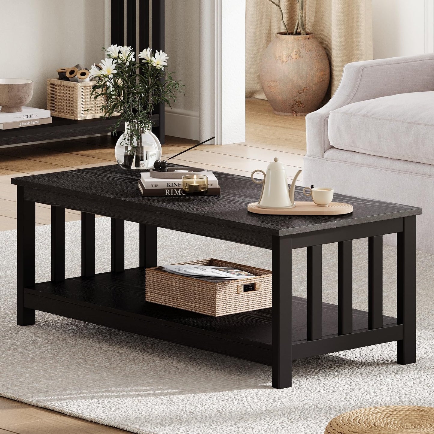 Mission Coffee Table with Shelf – Black Wood, 40-Inch