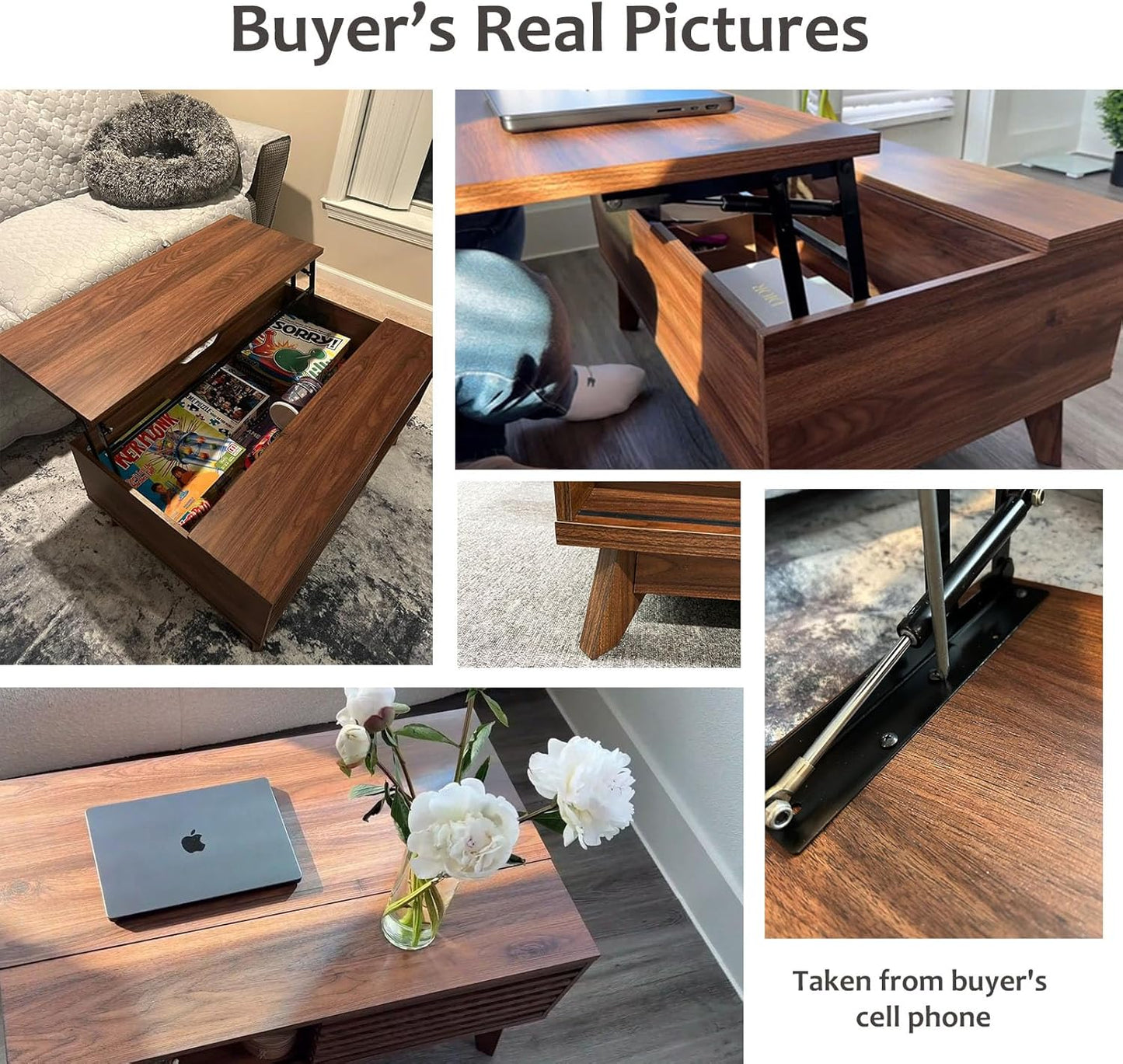 Lift Top Coffee Table with Sliding Storage Compartment – Mid-Century Modern Walnut Center Table, Rectangular Fluted Design, 35.4