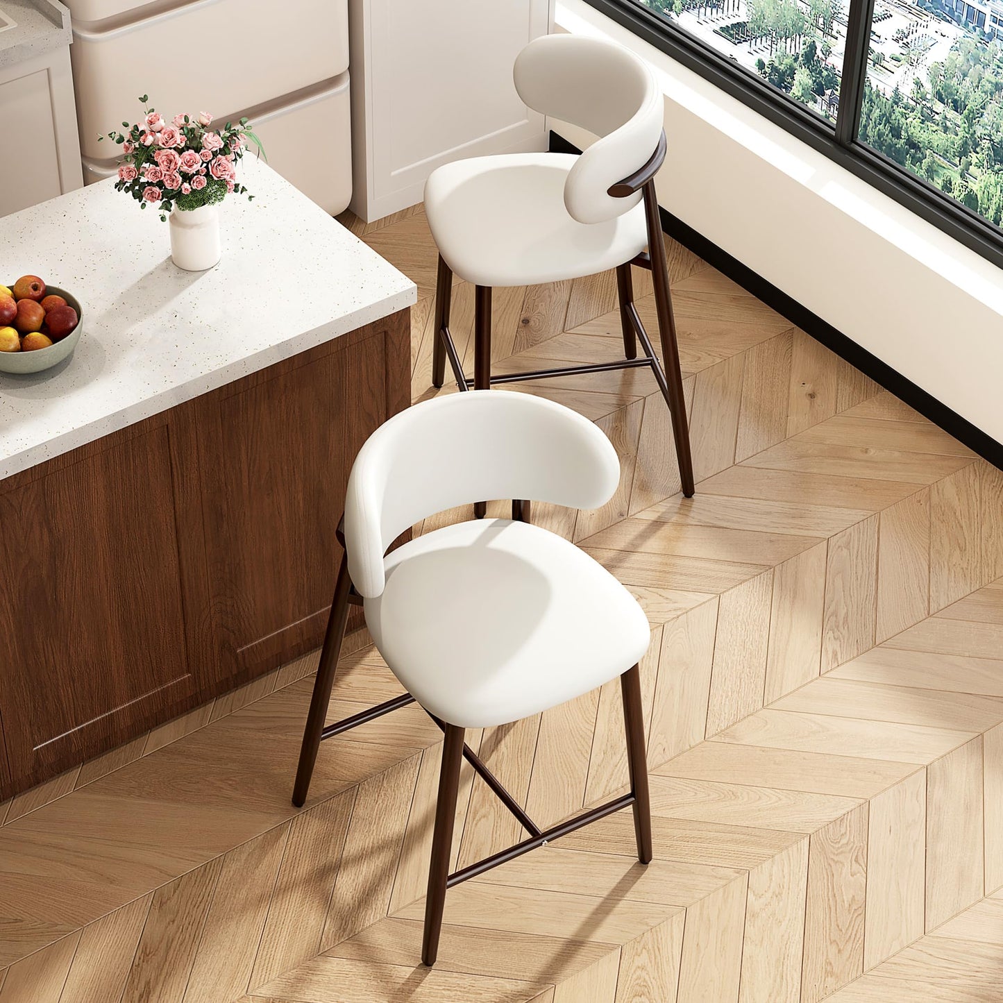 Set of 2 Modern Upholstered Dining Chairs – Armless Kitchen & Dining Chairs with Metal Legs, Khaki