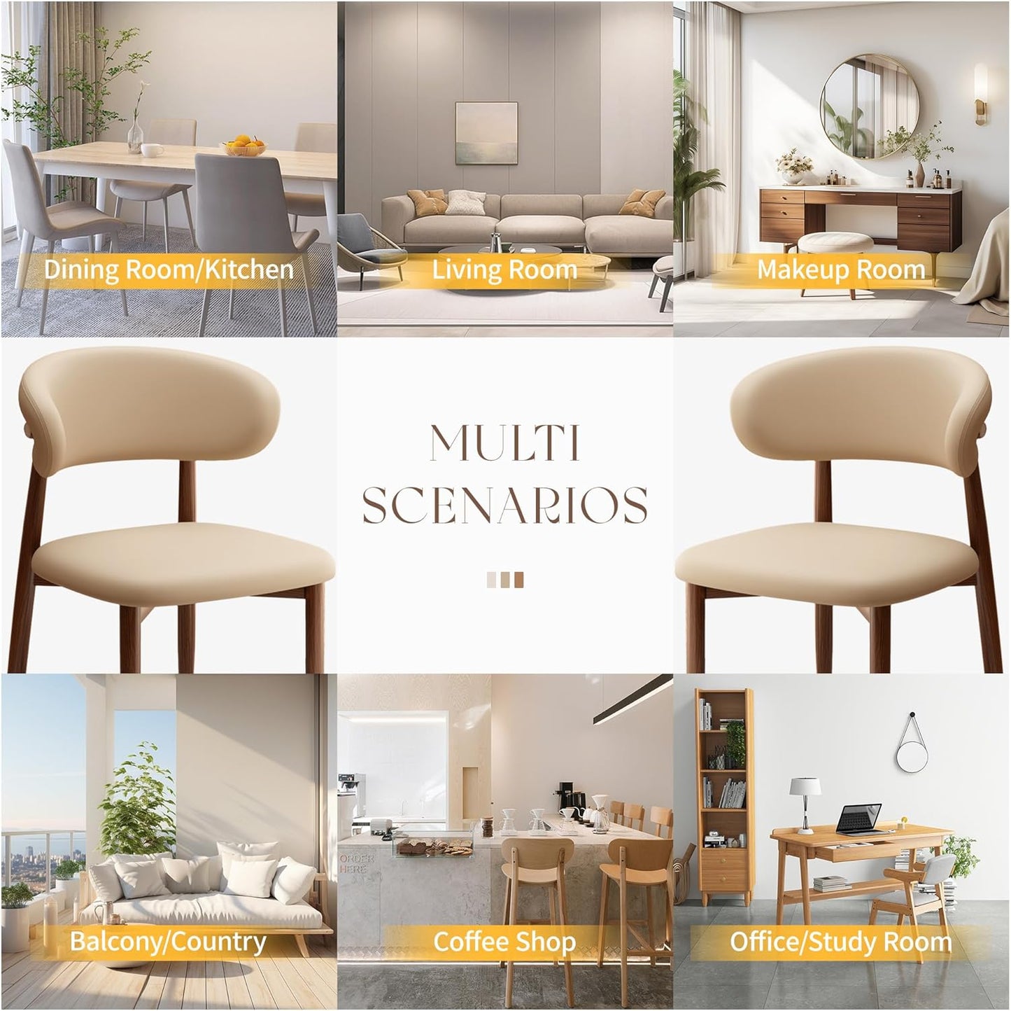 Set of 2 Modern Upholstered Dining Chairs – Armless Kitchen & Dining Chairs with Metal Legs, Khaki