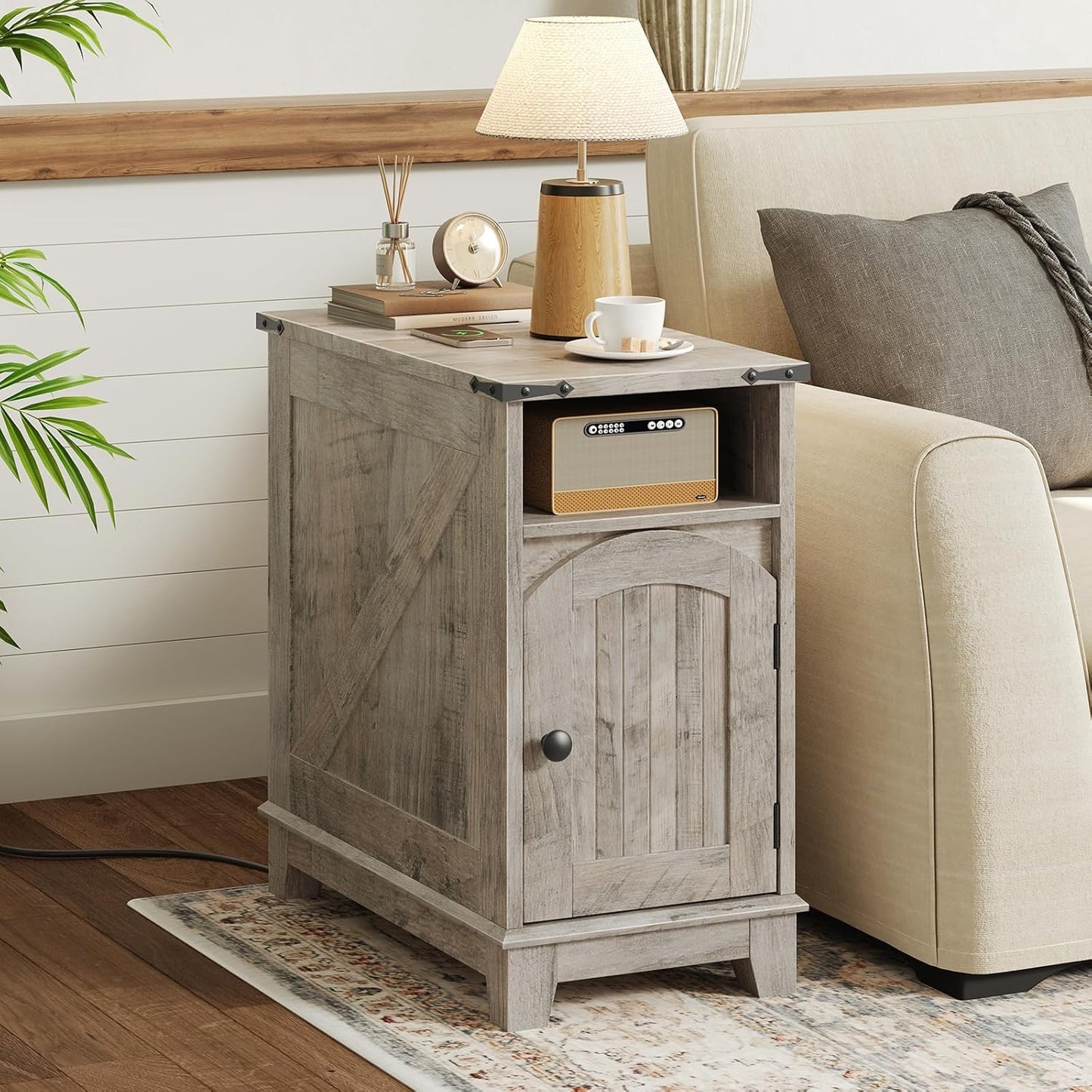 Narrow Farmhouse End Table with Charging Station – Slim Side Table / Small Nightstand for Living Room & Small Spaces, Flip-Top Storage, Greige