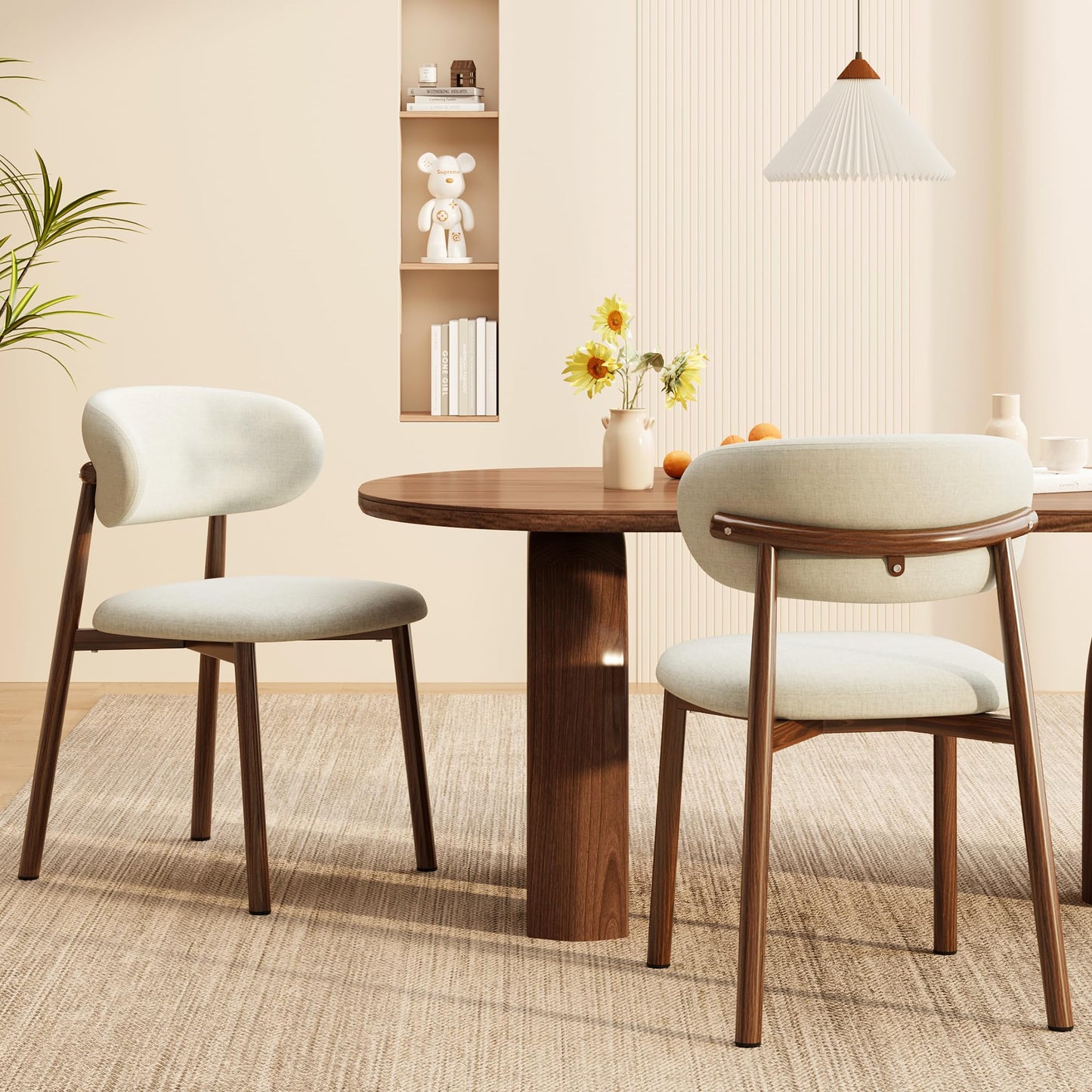 Set of 2 Modern Upholstered Dining Chairs – Armless Kitchen & Dining Chairs with Metal Legs, Khaki