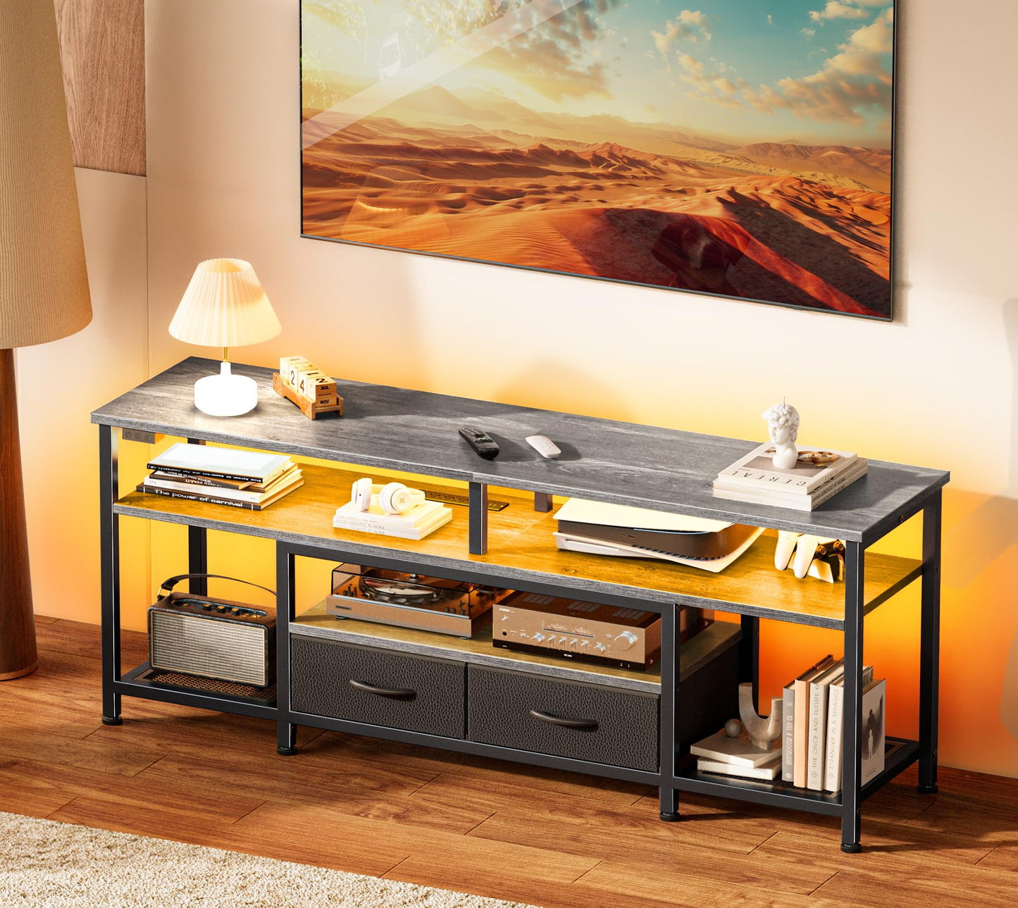 65-70 Inch Modern TV Stand with Drawers, Shelves, LED Lights & Built-In Power Outlets – Media Console for Living Room