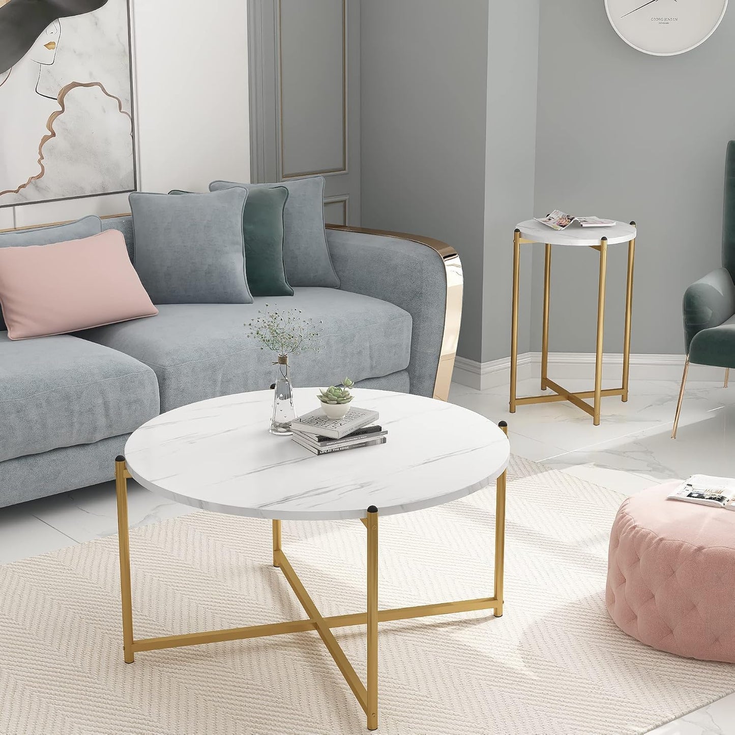 3-Piece Round Coffee Table Set with Faux Marble Top & Gold Metal Base – 1 Coffee Table + 2 Side Tables, Modern Living Room Accent Set, White & Gold