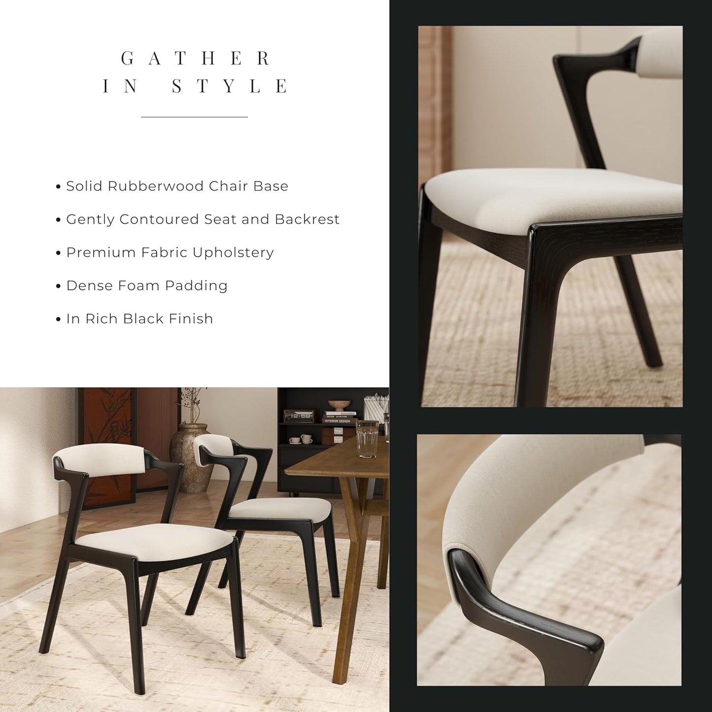 Set of 2 Upholstered Dining Chairs with Black Finish – Mid-Century Modern Wooden Frame, Comfortable Seat and Backrest