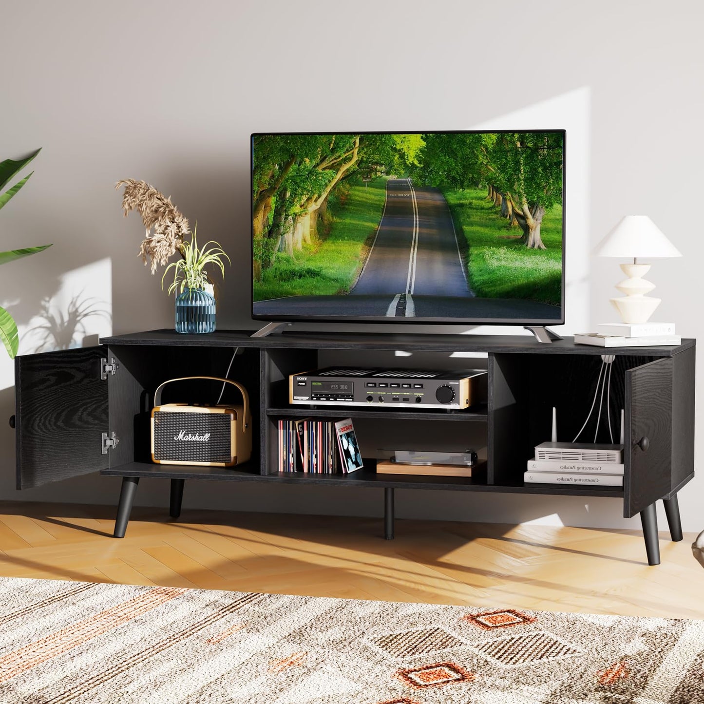 Modern Mid-Century TV Stand for 55–60 Inch TVs – Entertainment Center with Storage Cabinets and Adjustable Shelves, Pure Black