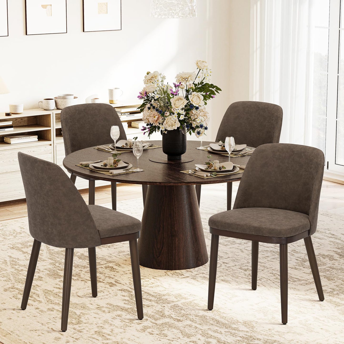 Set of 4 Modern Upholstered Dining Chairs with Wood Legs – Comfortable Kitchen & Dining Room Seating, Camel Fabric