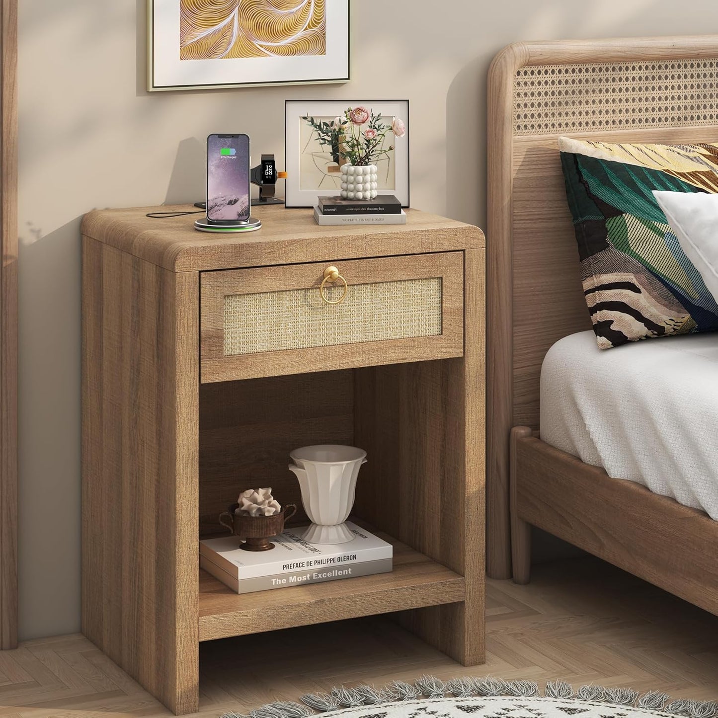 Rattan Nightstand Set of 2 with Charging Station – Boho Bedside Tables with Drawer & Storage Shelf, Natural Oak