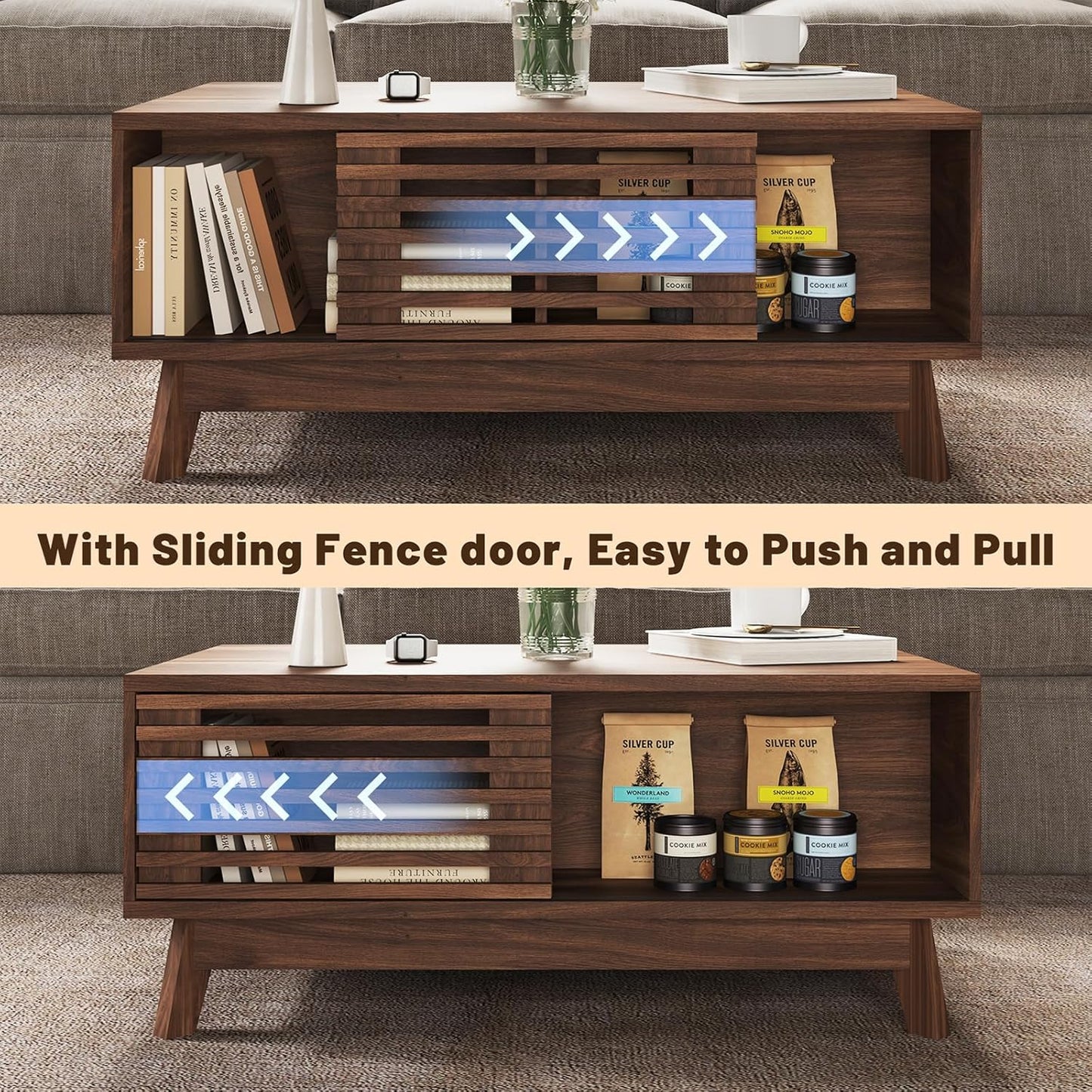 Lift Top Coffee Table with Sliding Storage Compartment – Mid-Century Modern Walnut Center Table, Rectangular Fluted Design, 35.4