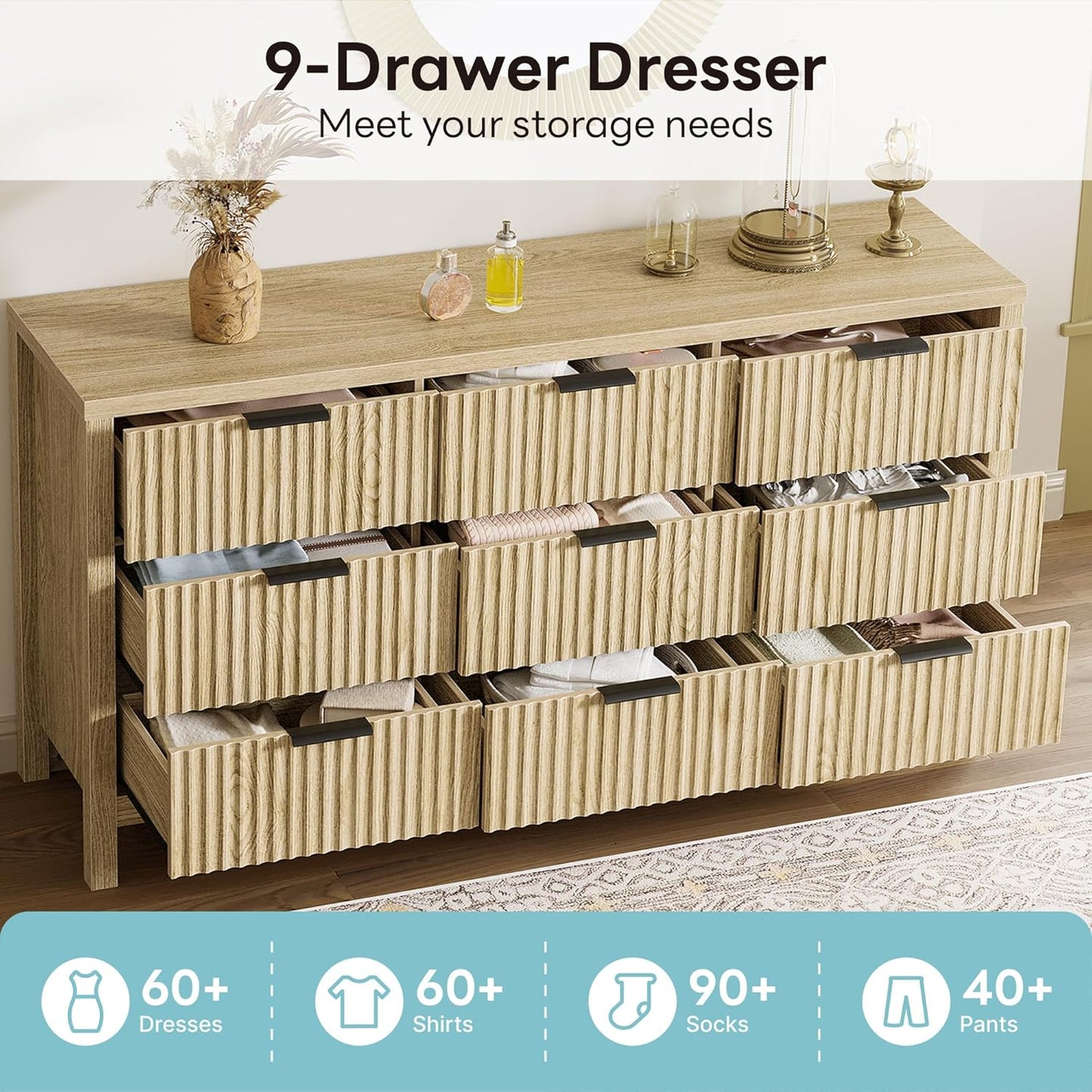 59" 9-Drawer Fluted Dresser – Wooden Storage Chest with Metal Handles for Bedroom, Entryway, or Hallway, Natural Oak