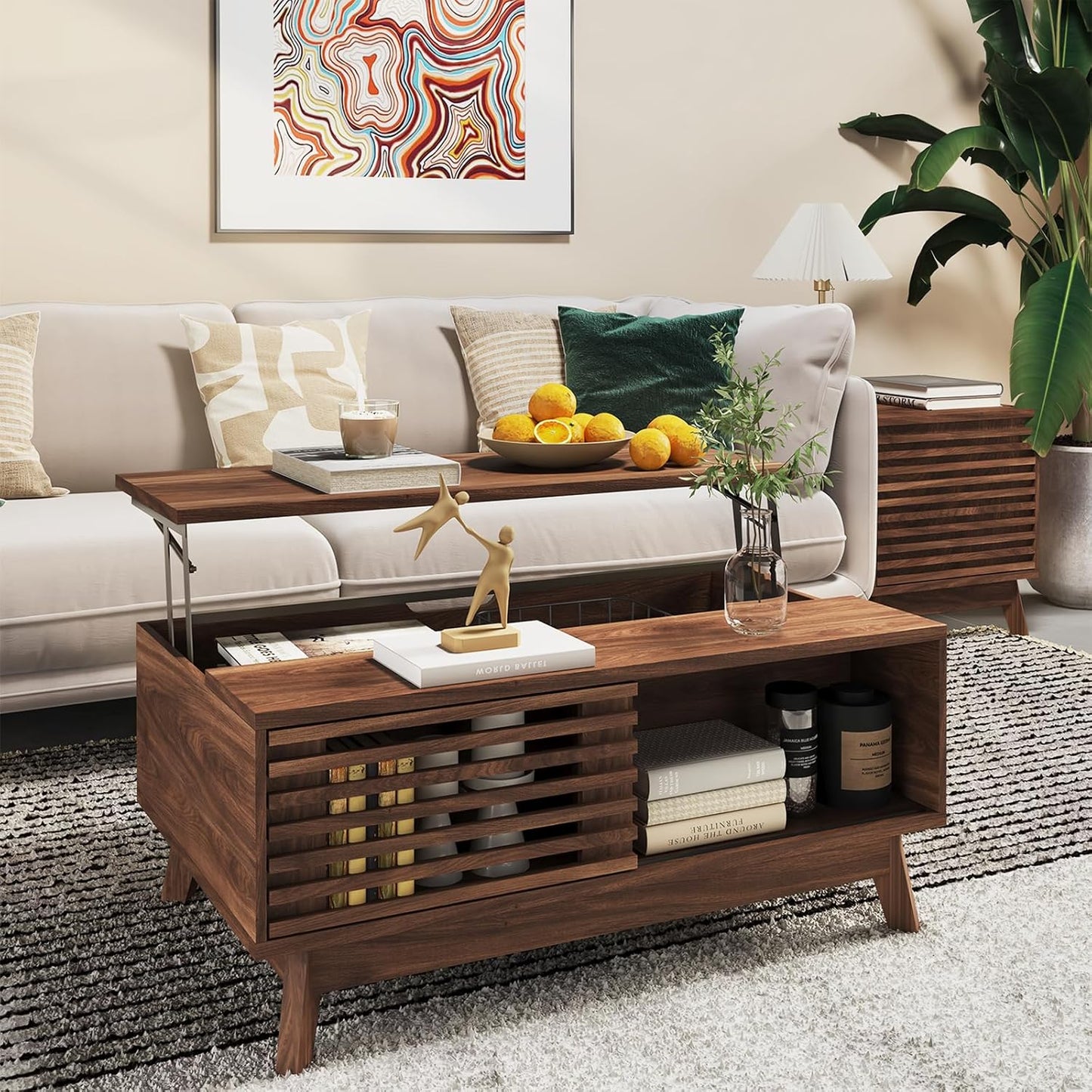 Lift Top Coffee Table with Sliding Storage Compartment – Mid-Century Modern Walnut Center Table, Rectangular Fluted Design, 35.4