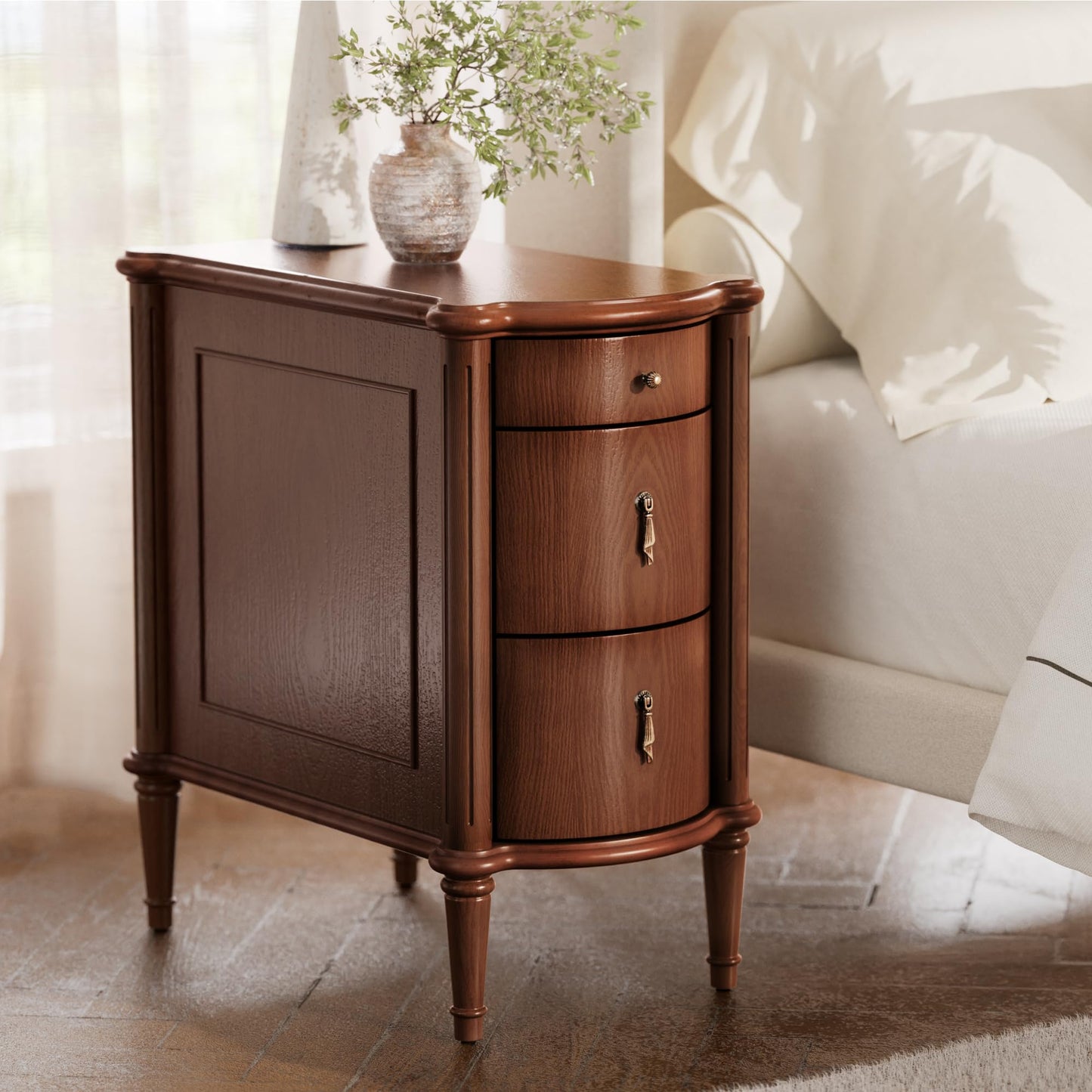 3-Drawer Nightstand Set of 2 with Built-in Charging Station – Vintage-Inspired Side Table, Brown Wood Finish
