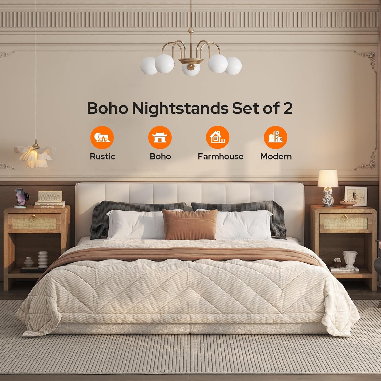 Rattan Nightstand Set of 2 with Charging Station – Boho Bedside Tables with Drawer & Storage Shelf, Natural Oak