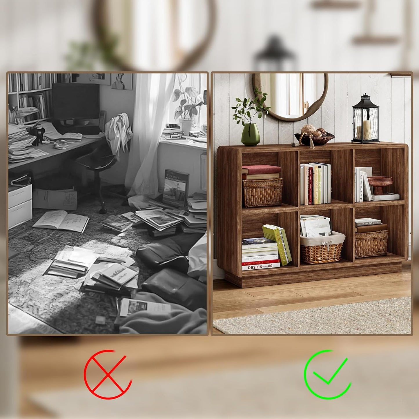 6-Cube Wooden Storage Organizer – Brown Walnut Bookcase for Bedroom, Living Room, or Office