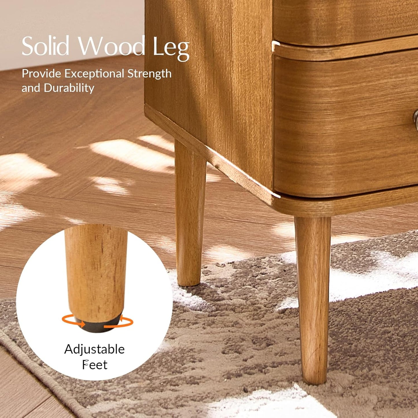 Modern Nightstand Set of 2 with Charging Station – 3-Drawer Wood Bedside Tables with Solid Wood Legs & Adjustable Feet, Curved Design, Oak Finish