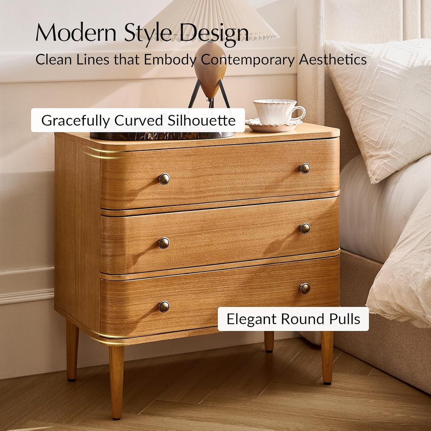 Modern Nightstand Set of 2 with Charging Station – 3-Drawer Wood Bedside Tables with Solid Wood Legs & Adjustable Feet, Curved Design, Oak Finish