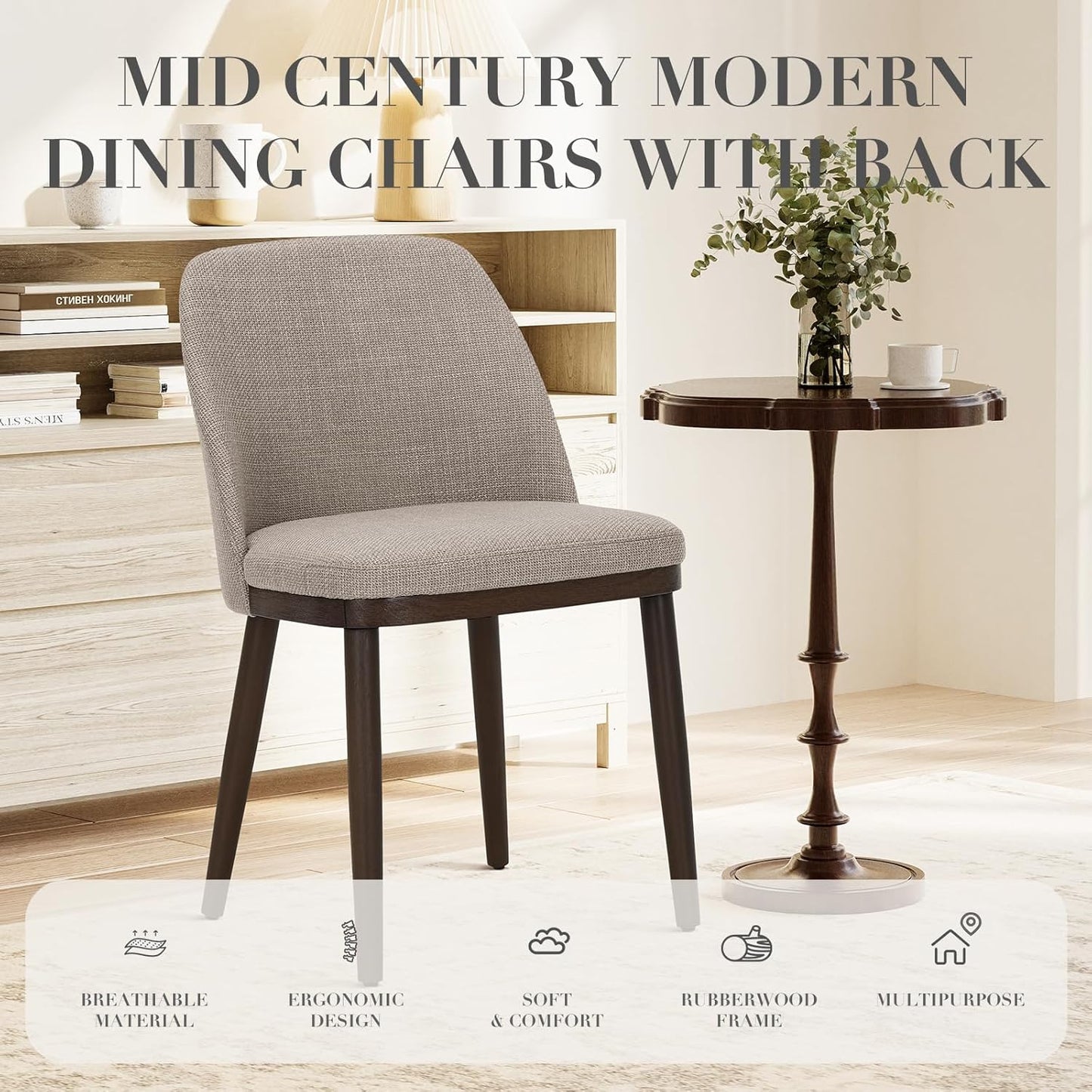 Set of 4 Modern Upholstered Dining Chairs with Wood Legs – Comfortable Kitchen & Dining Room Seating, Camel Fabric