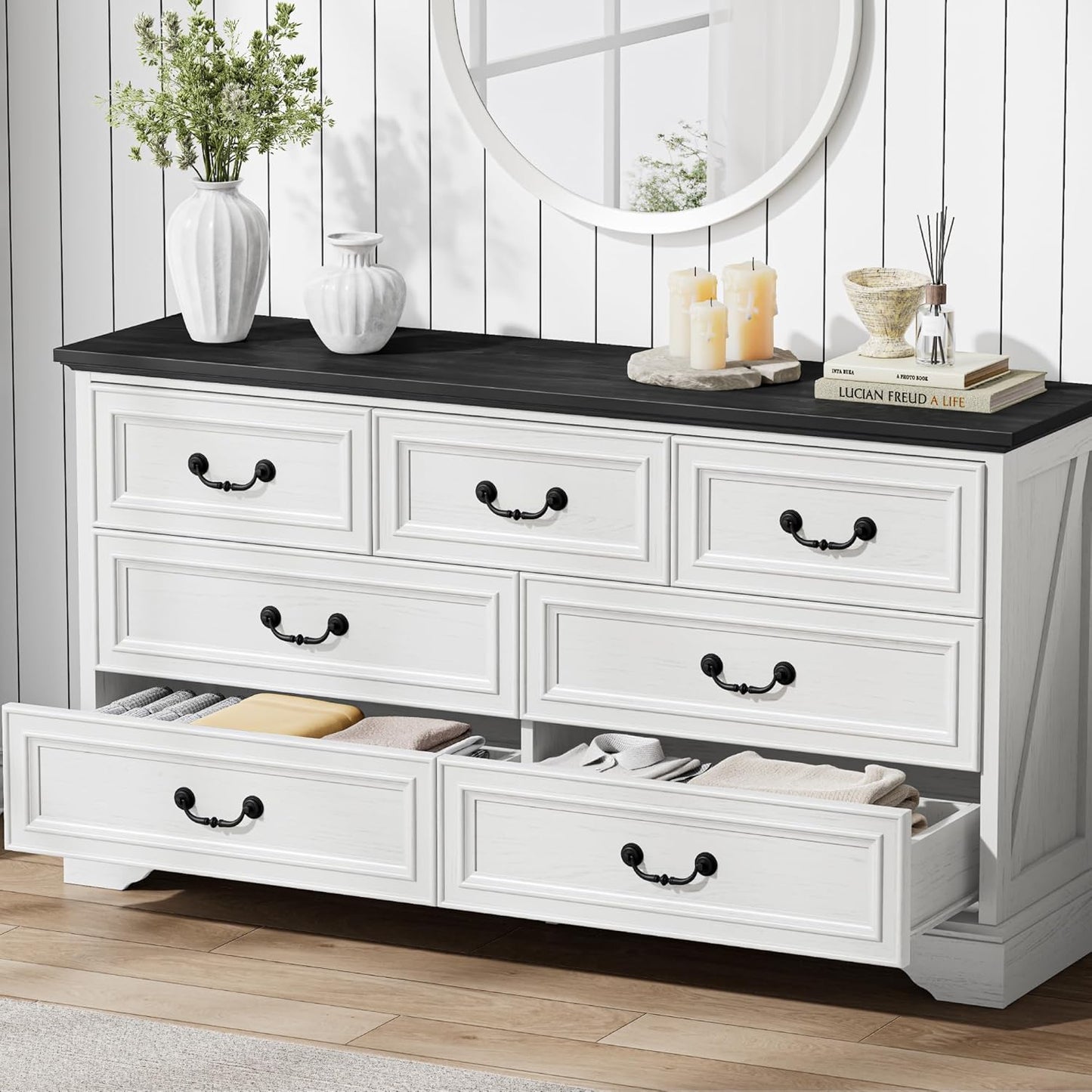 Farmhouse 7-Drawer Dresser – 59" Wide Rustic White Wooden Chest for Bedroom, Hallway, or Living Room