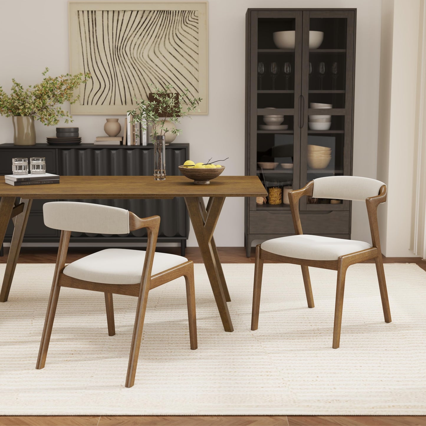 Set of 2 Upholstered Dining Chairs with Black Finish – Mid-Century Modern Wooden Frame, Comfortable Seat and Backrest