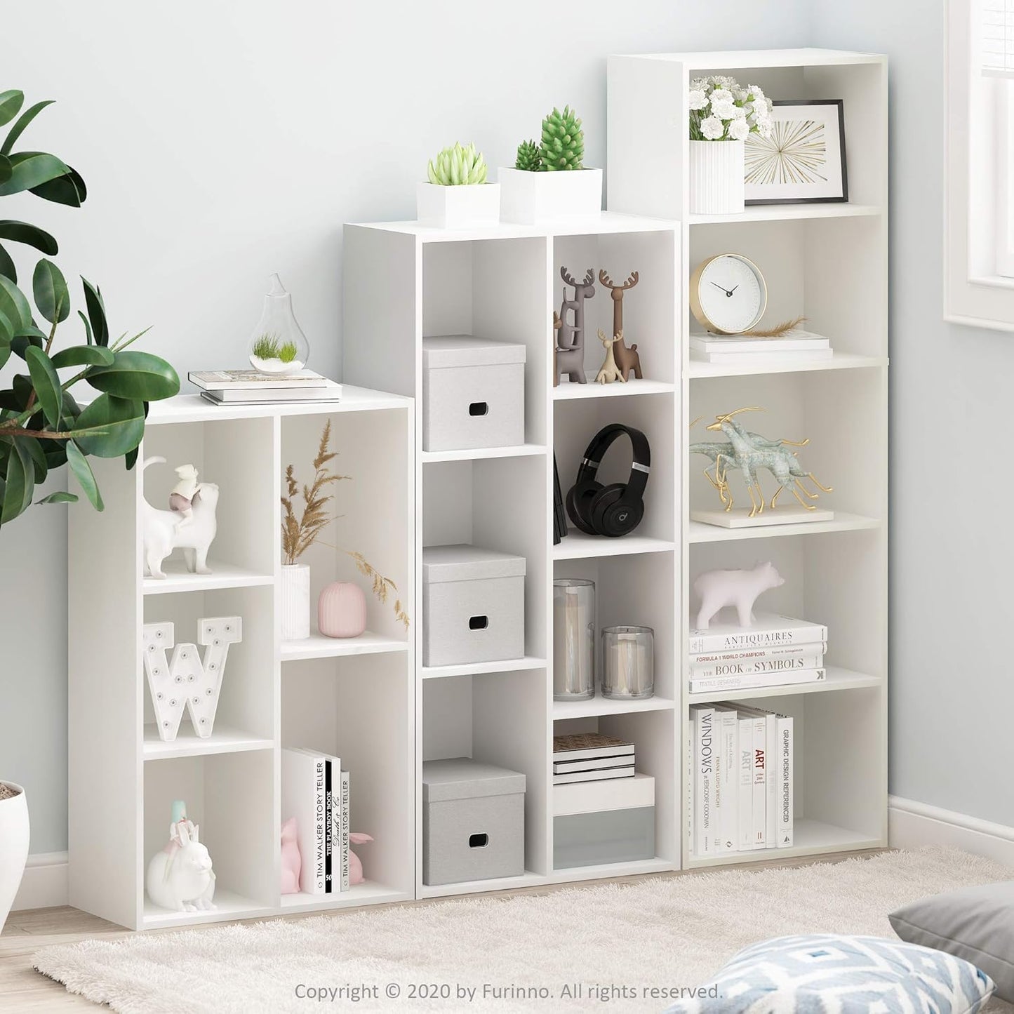 5-Cube Bookshelf, Reversible Bookcase – White Finish Dimensions: 9.4" D x 19.5" W x 31.5" H