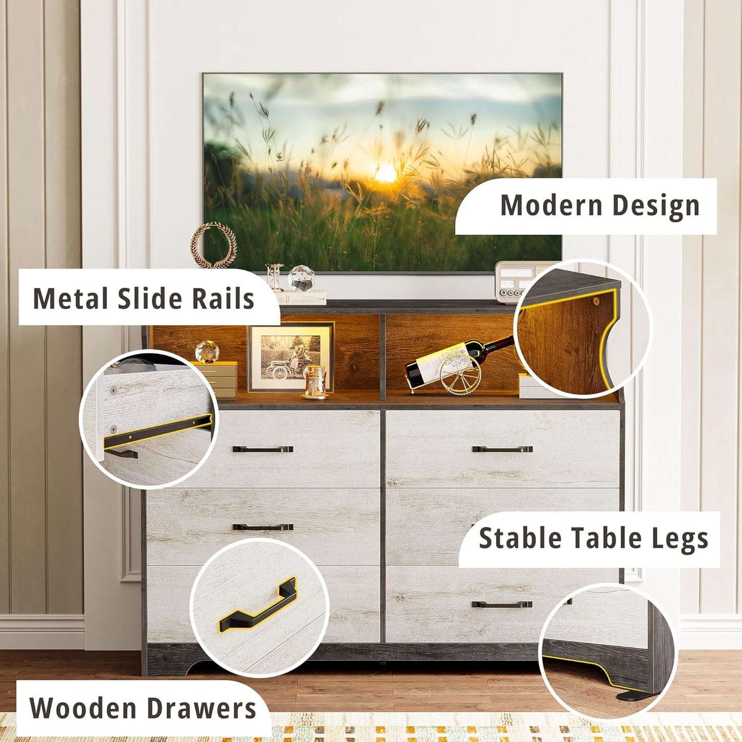 6-Drawer Modern Dresser with LED & USB Charging – Rustic White Wooden Storage Cabinet for Bedroom, Living Room, Hallway