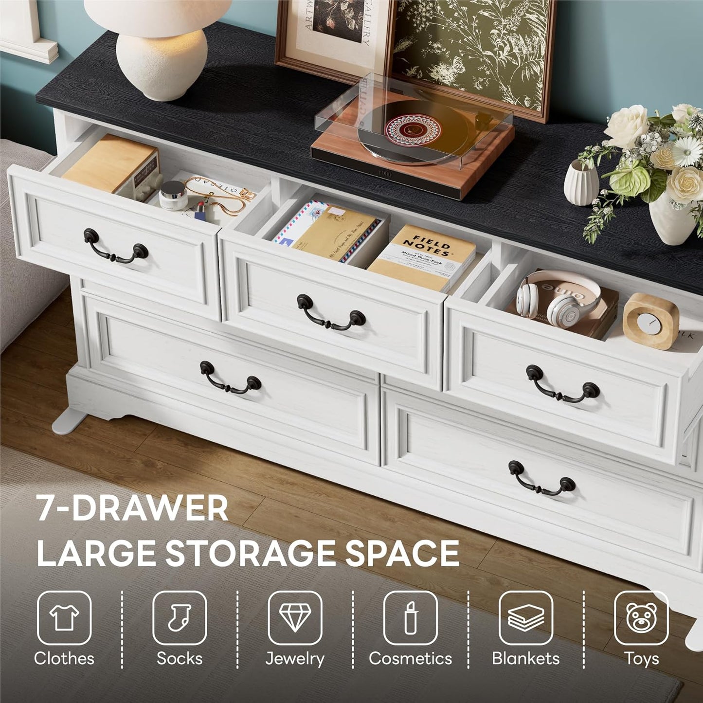 Farmhouse 7-Drawer Dresser – 59" Wide Rustic White Wooden Chest for Bedroom, Hallway, or Living Room