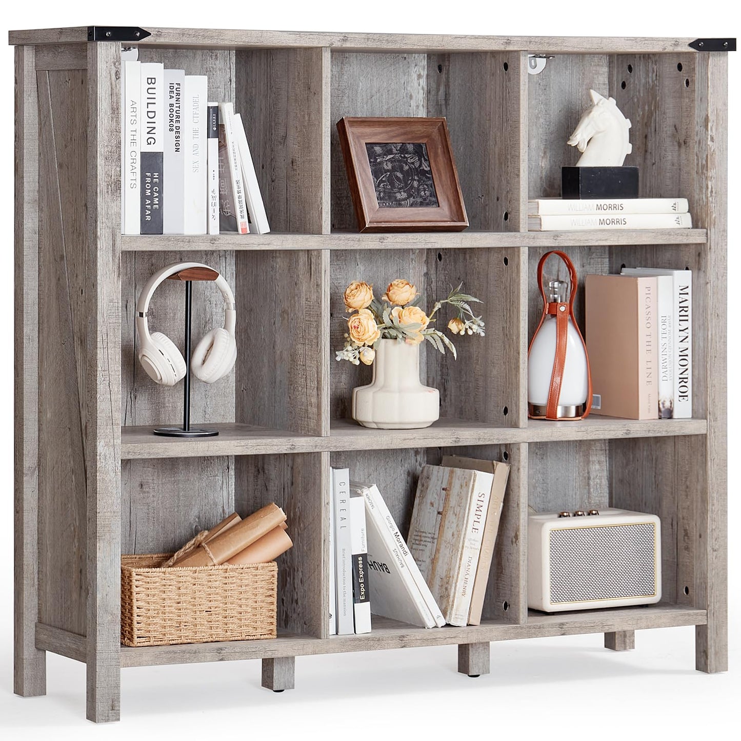 6-Cube Farmhouse Wood Low Storage Organizer – 47" Horizontal Navy Console Bookshelf with Legs