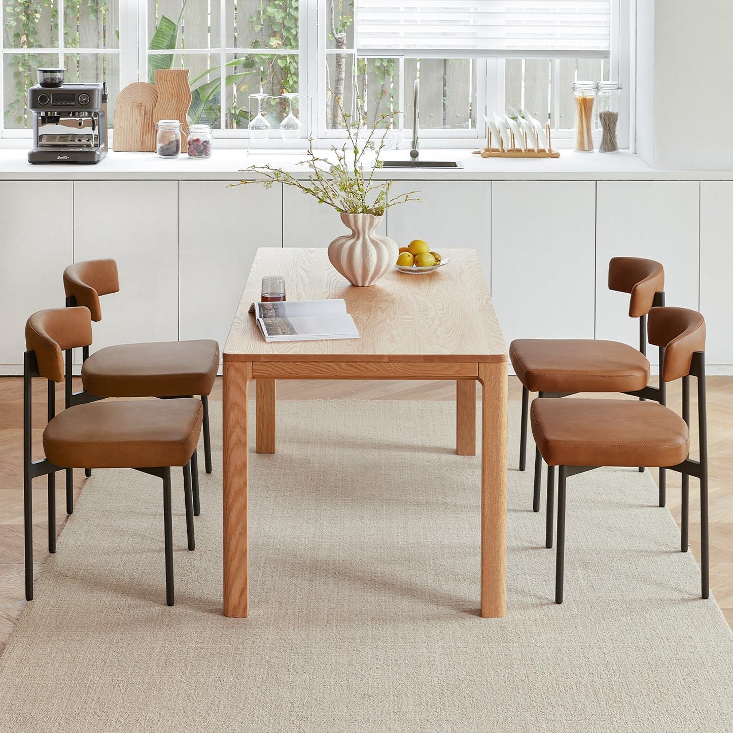 Set of 4 Brown Faux Leather Dining Chairs – Armless Upholstered Kitchen & Dining Chairs with Curved Backrest