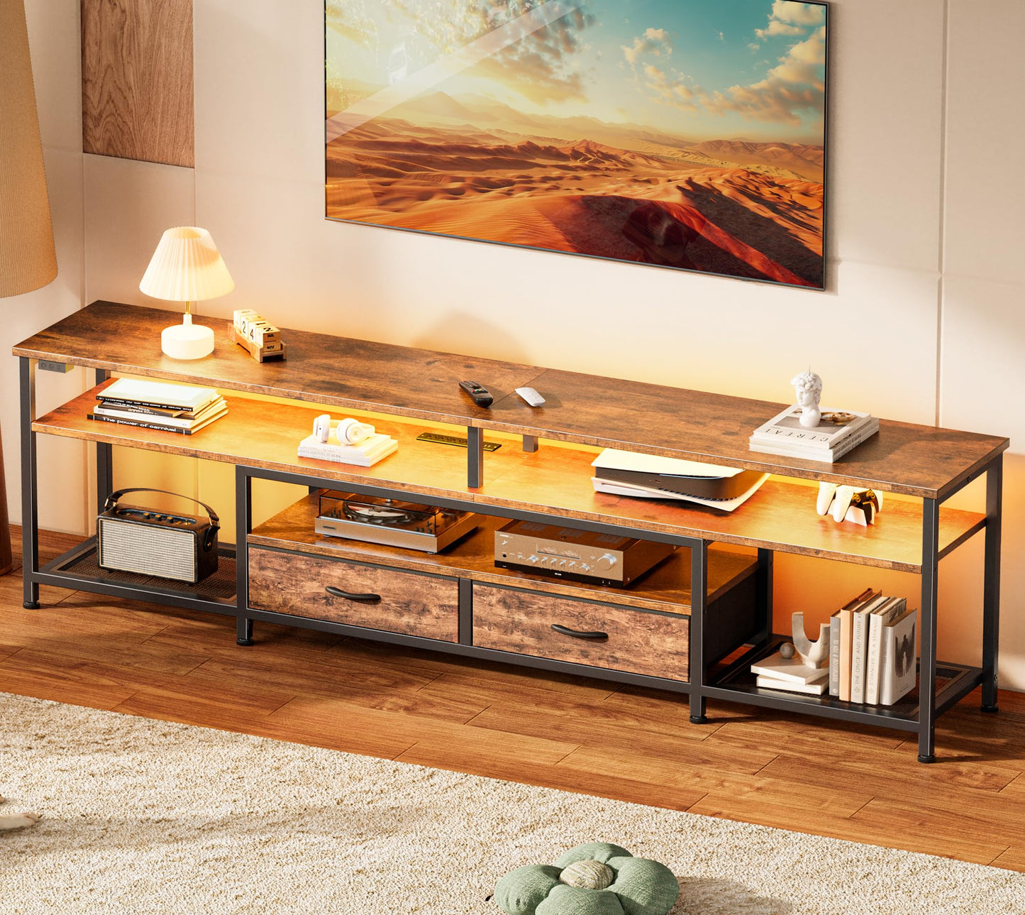 65-70 Inch Modern TV Stand with Drawers, Shelves, LED Lights & Built-In Power Outlets – Media Console for Living Room