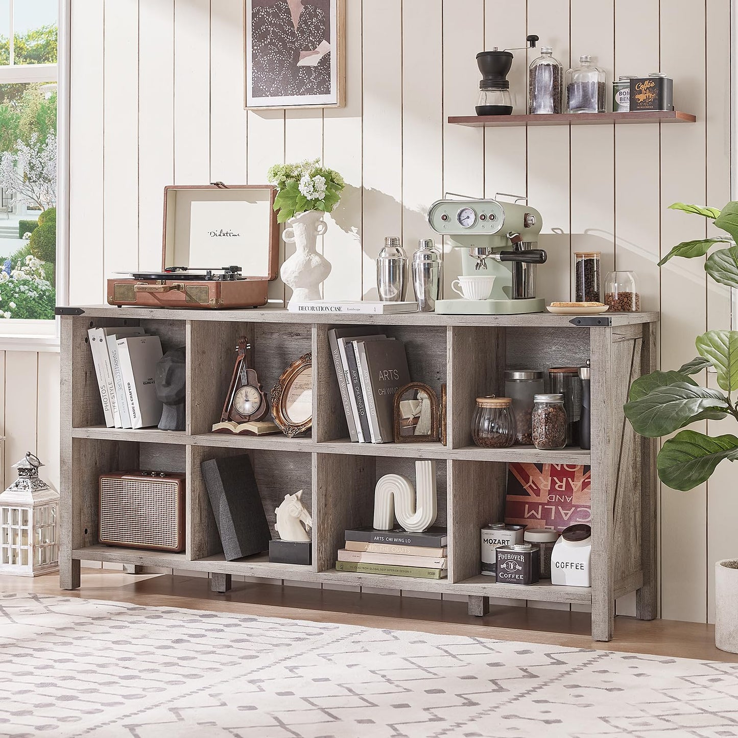 6-Cube Farmhouse Wood Low Storage Organizer – 47" Horizontal Navy Console Bookshelf with Legs