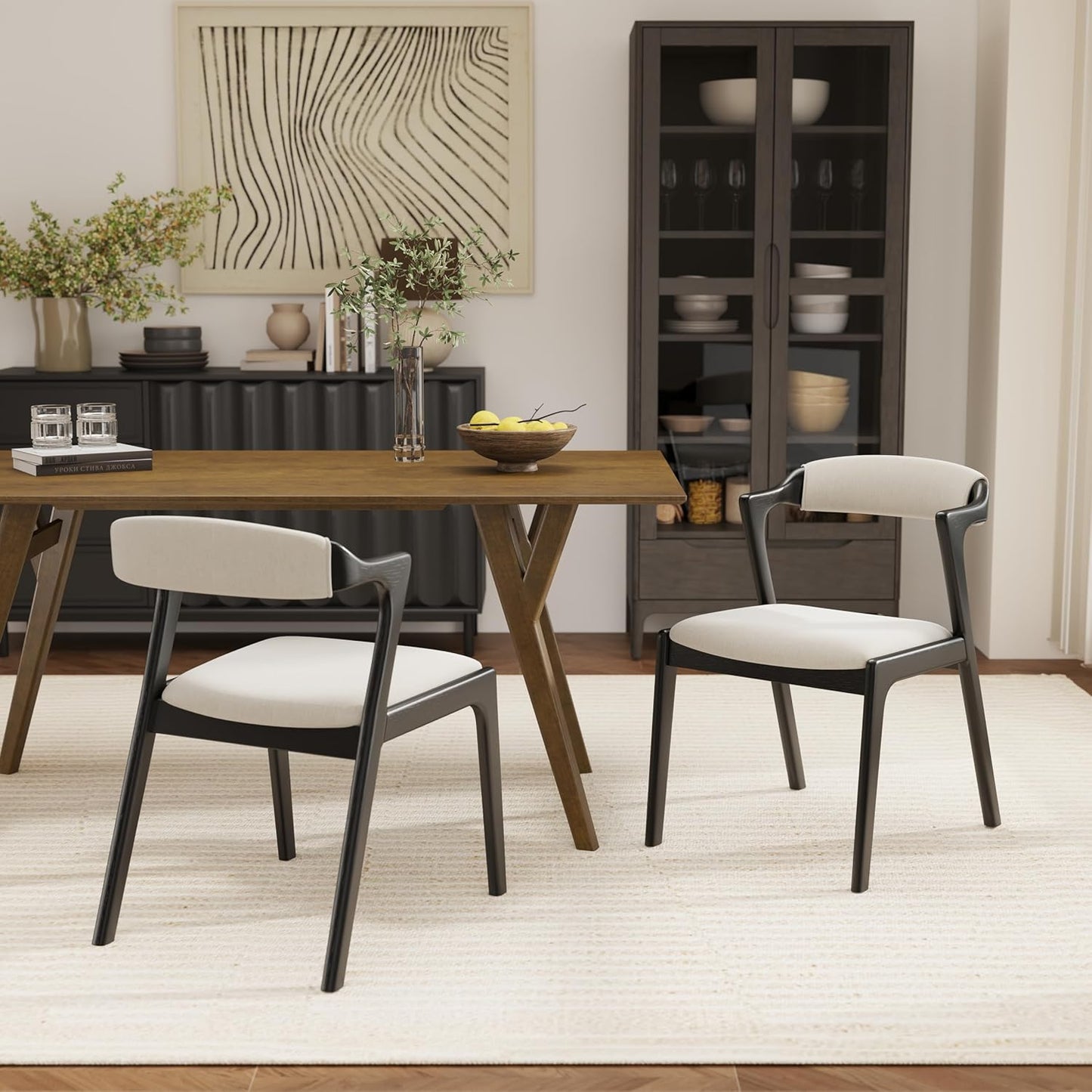 Set of 2 Upholstered Dining Chairs with Black Finish – Mid-Century Modern Wooden Frame, Comfortable Seat and Backrest