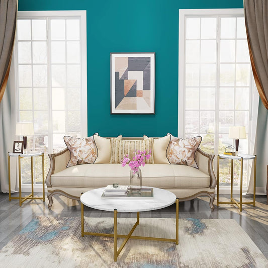 3-Piece Round Coffee Table Set with Faux Marble Top & Gold Metal Base – 1 Coffee Table + 2 Side Tables, Modern Living Room Accent Set, White & Gold