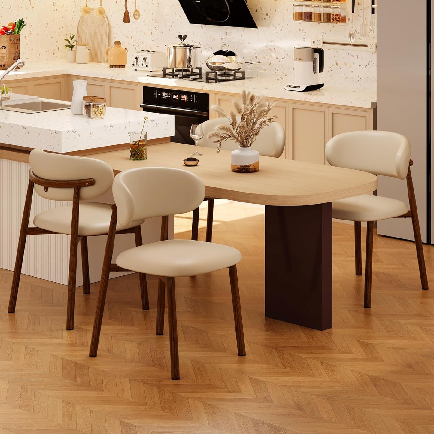 Set of 2 Modern Upholstered Dining Chairs – Armless Kitchen & Dining Chairs with Metal Legs, Khaki