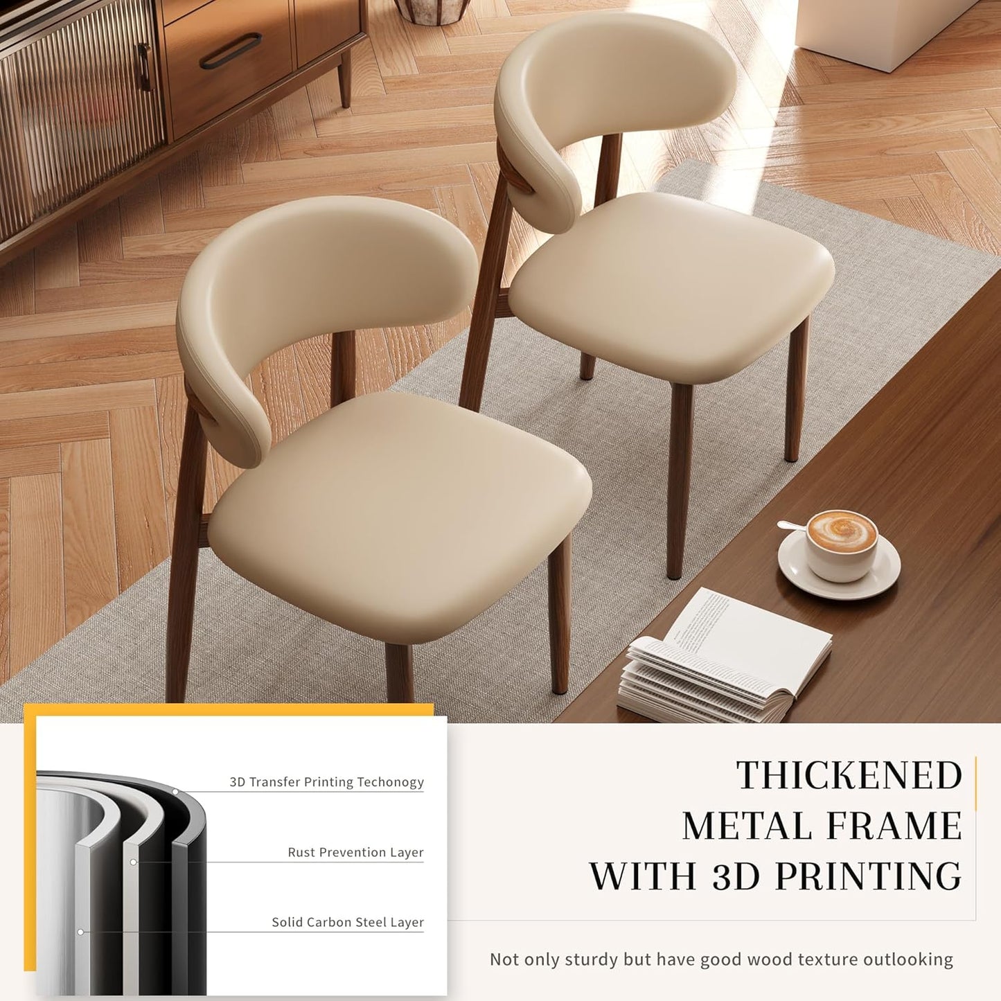 Set of 2 Modern Upholstered Dining Chairs – Armless Kitchen & Dining Chairs with Metal Legs, Khaki