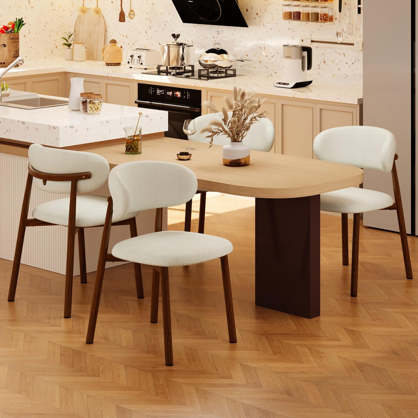 Set of 2 Modern Upholstered Dining Chairs – Armless Kitchen & Dining Chairs with Metal Legs, Khaki