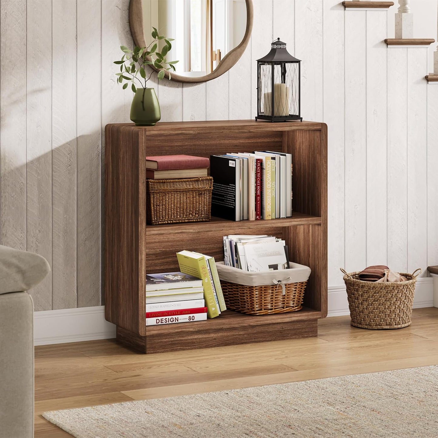 2-Tier Wooden Bookcase – Small Farmhouse Bookshelf with Open Storage, Brown Walnut Finish